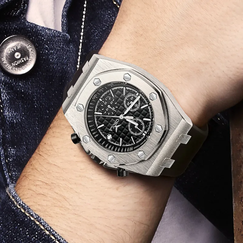 onola男士多功能副表盘计时石英模拟腕表金属盒硅胶表