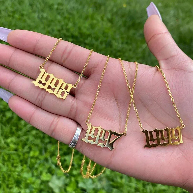 

Dainty Year Of Birth Number Pendant 18k Gold Plated Sided Stainless Steel letter Old English Birth Year Necklace