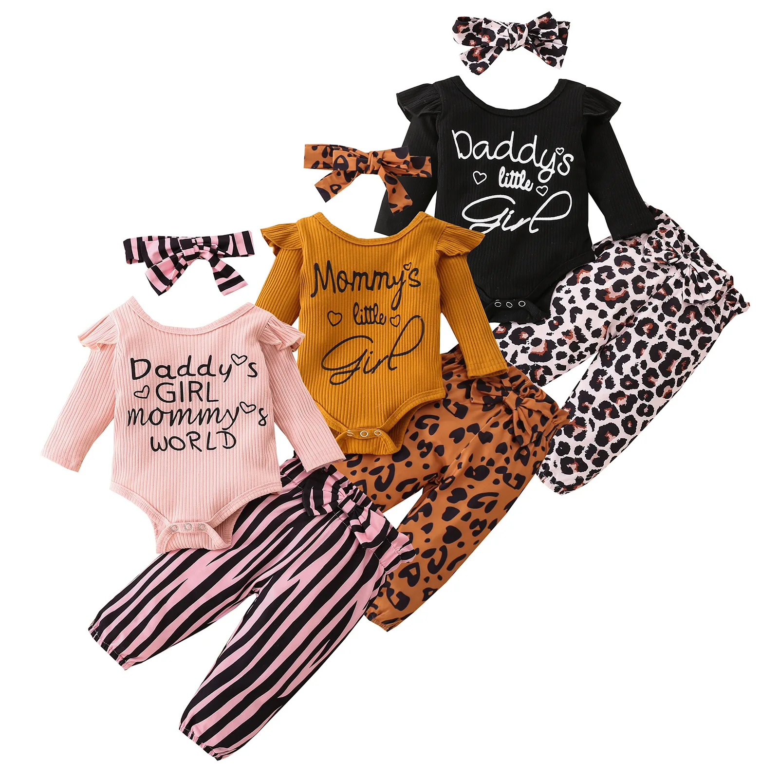 

2021 Fashion 3 Pcs New Infant Girls Clothing Set Long Sleeve Letter Cotton Rib Romper Leopard Pants Headband Baby Outfits