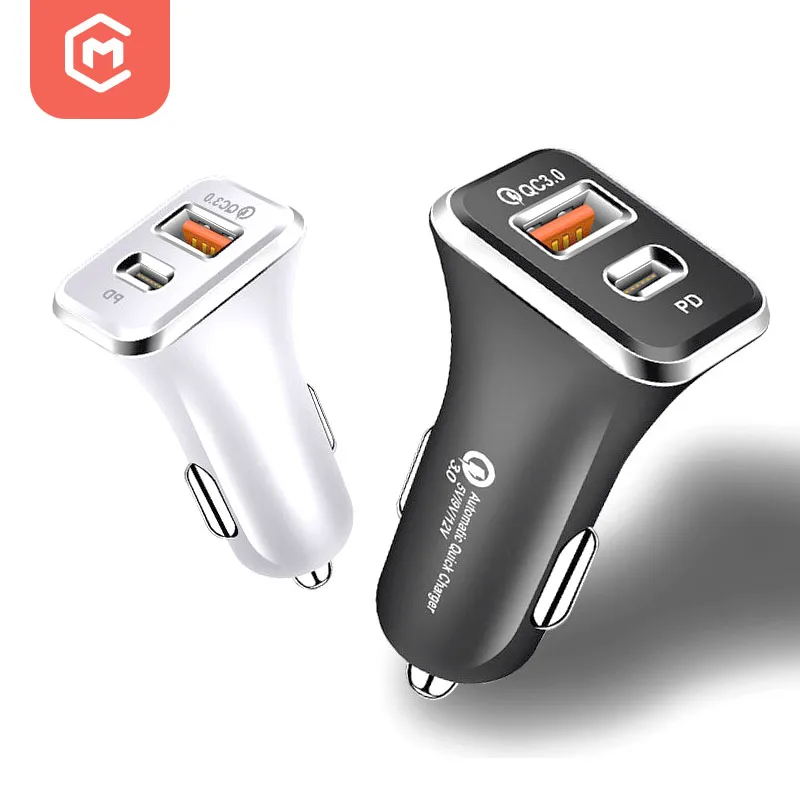 

18W PD Fast Charger QC3.0 USB-C Car Charger USB C 2-Port For iphone 12, White / black