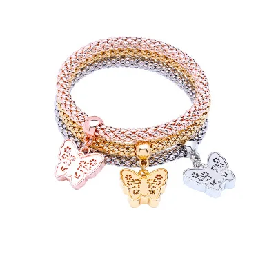 

New Arrival Butterfly Pendant Charm Corn Chain Bracelet Rose Gold Silver Plated Hollow Butterfly Elastic Corn Chain Set Bracelet