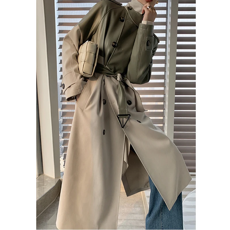 

New 2021 ladies Korean Fashion Patchwork Double Breasted Long Trench Coat Streetwear pu leather trench coats