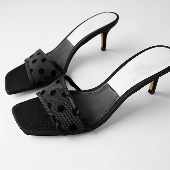 

Summer Shoes PU Leather Solid mules shoes women lady slipper 2020 women sexy New Style Square Open Toe Stiletto Heels Black