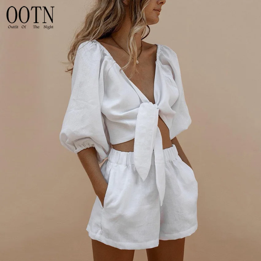 

OOTN Two Pieces Outfits Women 2023 Autumn Lantern Sleeve White Tops Party Elastic Waist Shorts Suits Ruffle Shorts Sets