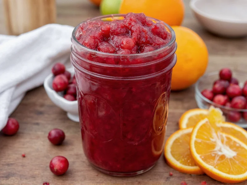 Homemade cranberry sauce with orange zest in glass jar