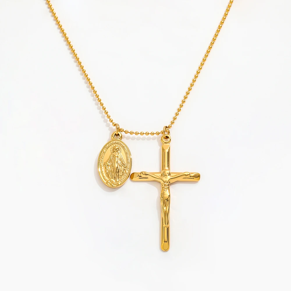 Joolim Jewelry Gold Plated Cross Oval Pendant Choker Necklace Stainless Steel Jewelry Wholesale