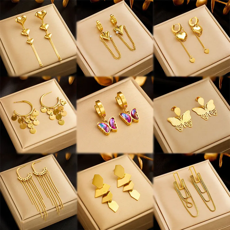 

Stainless Steel Waterproof Gold Love Pendant Necklace Fashion Tassel C-shaped Earrings Women's Party Earrings Jewelry Set