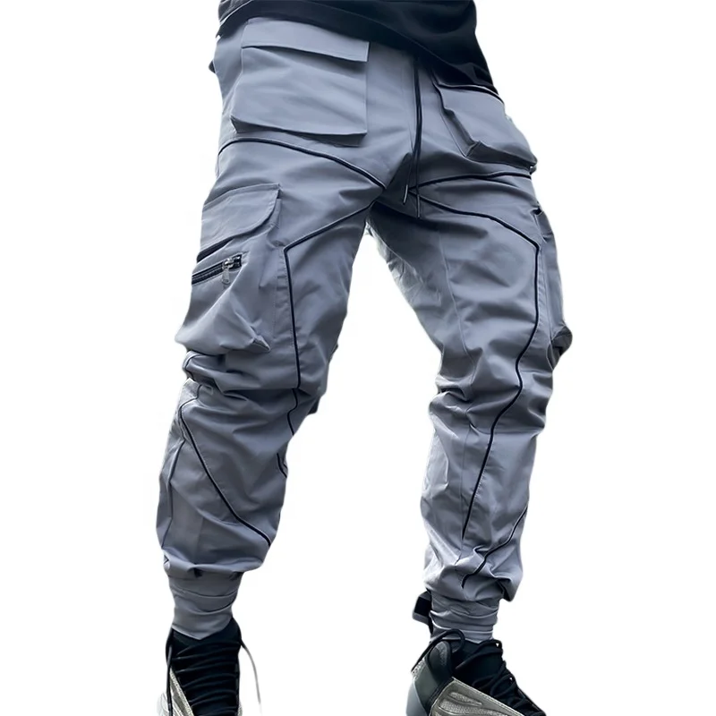 

In stock trend mens black cargo pant with pocket loose straight elastic waist outdoor running reflective custom cargo pants, As picture or customized make