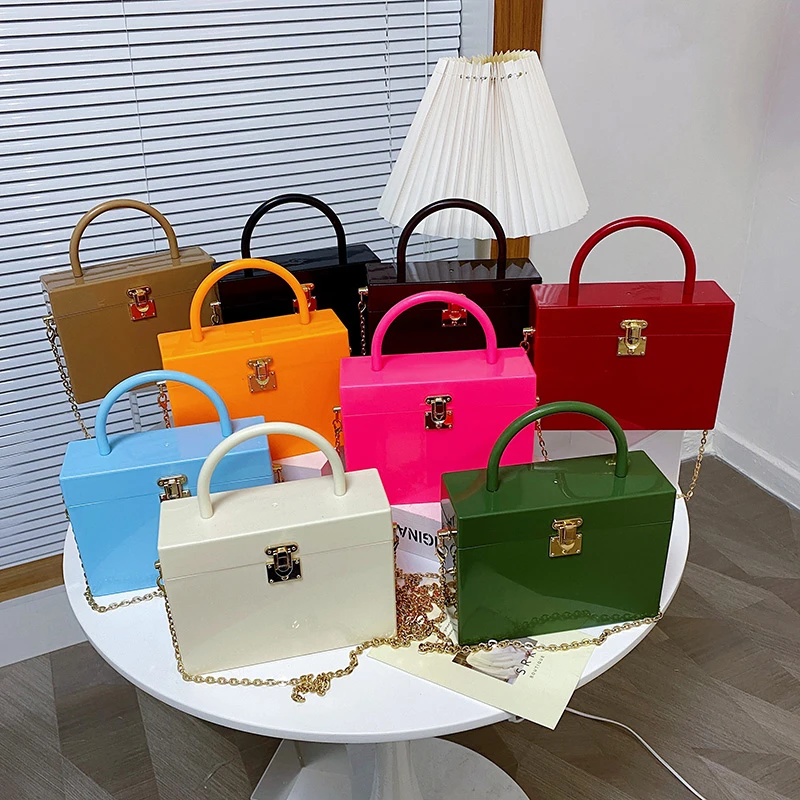 

Fashion Solid Color Acrylic Box PVC Flap Purses Women Hand Bags 2021 Small Chain Handbags