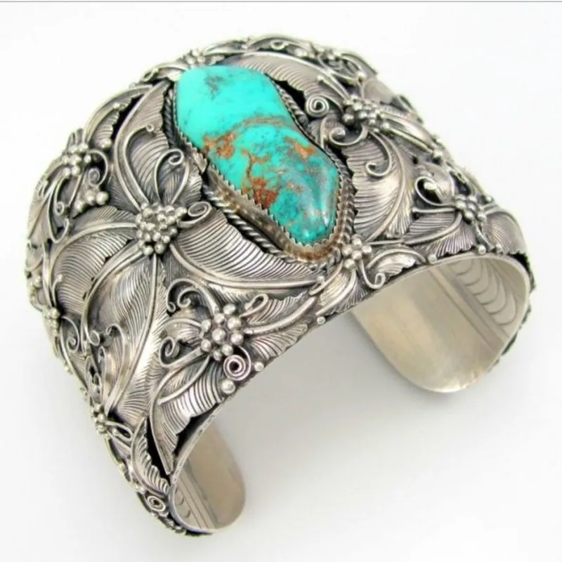 

Indian Style Vintage Tibetan Silver Fashion Turquoise Bangle Butterfly Jewelry Cuff Wide Bracelet