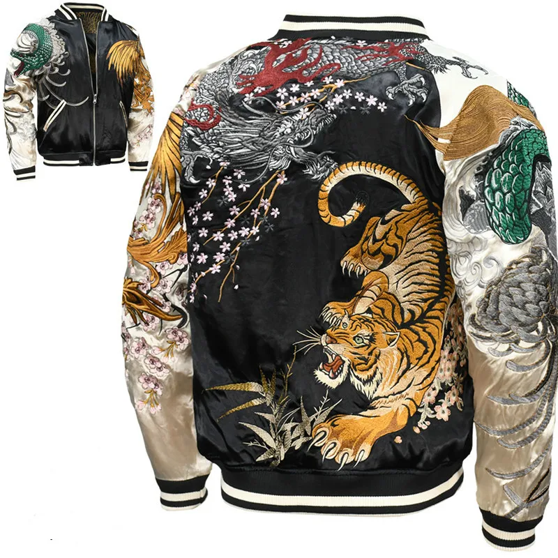 

Street Fashion Japanese Style Embroidery Jacket Long Sleeve Men's Autumn Winter Casual Reversible Baseball Bomber Jacket Coats