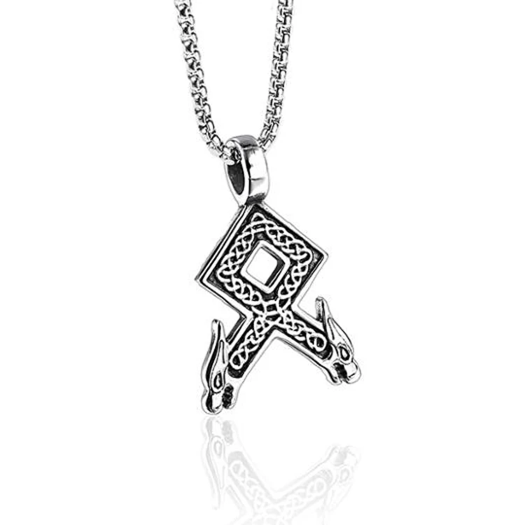 

Stainless Steel Wolf Heads Othala Odal Rune Pendant Necklace with Celtic Knotwork