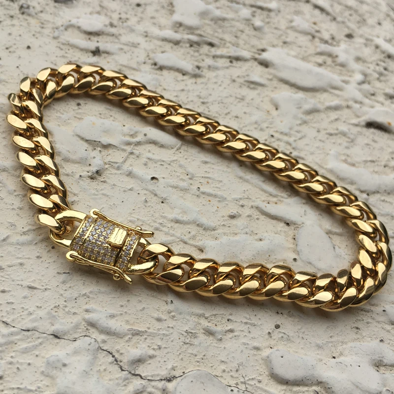 

14k gold bracelet stainless steel hip hop mens gold Cuban link bracelet trending products 2021