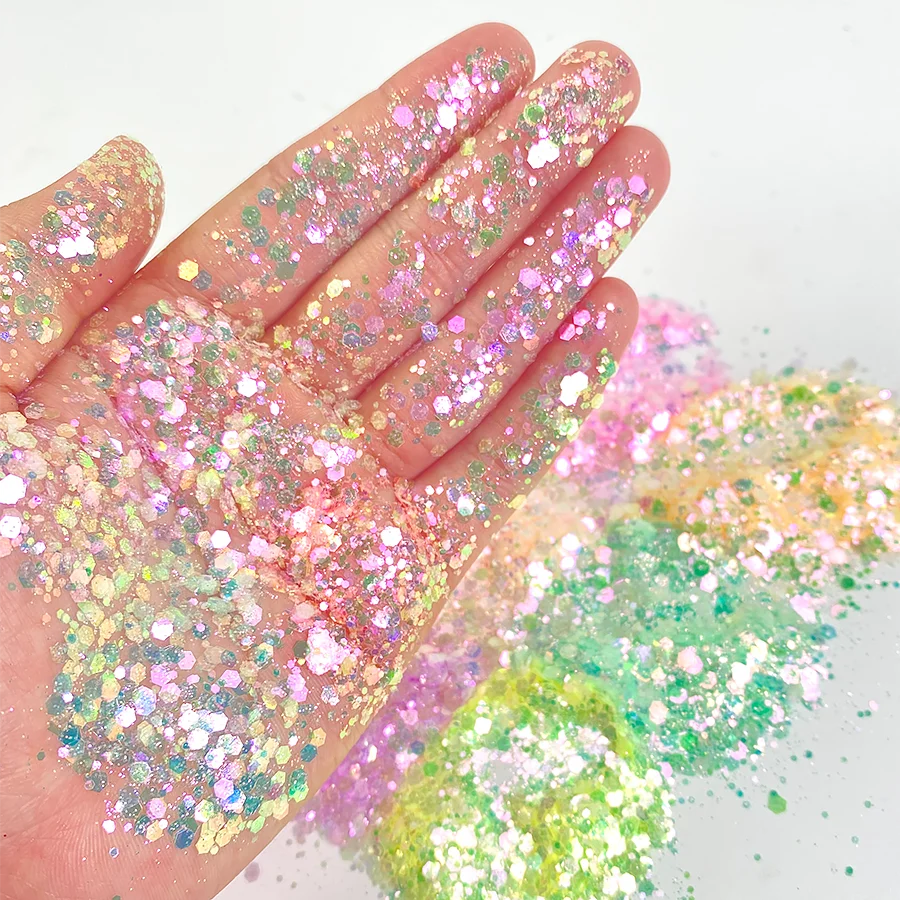 

Wholesale Iridescent Light Color Chunky Glitter Mixed High Sparkle Glitter Powder For Nail Art Tumblers Craft Slime