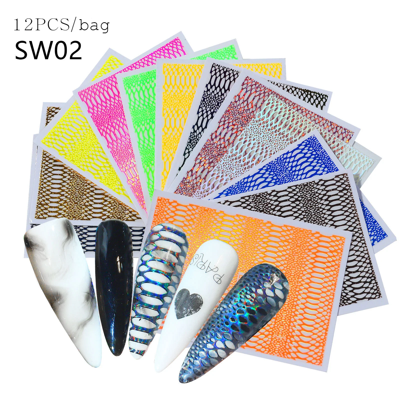 

12pcs/set Holographic 3D Silk Neon Nail Art Decorations Laser Glitter Sally Mesh Net Line Snake Skin Nail Sticker, 2 styles