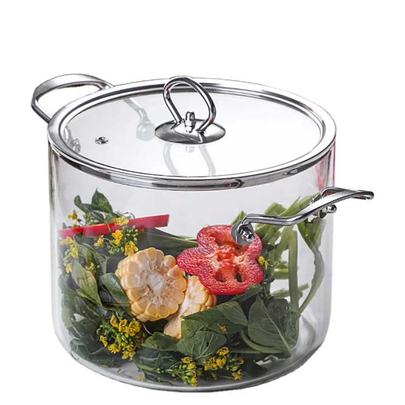

Wholesale stockpot clear high borosilicate heat resistant pyrex glass cooking pot with stainless steel handle, Transparent
