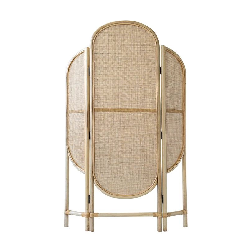 Chinese Movable mountain shape 3 panel wooden rattan folding screen room dividers
