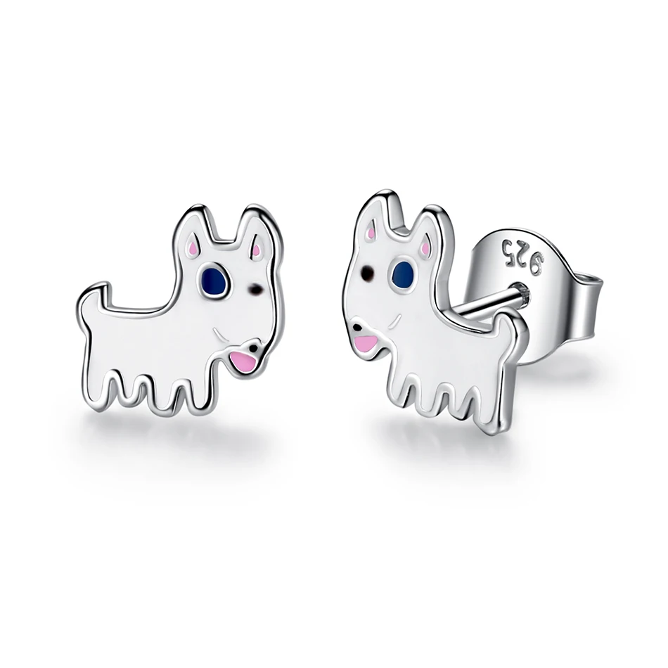 

Authentic 925 Sterling Silver Earrings For Girls Children white Enamel Small Animal Dalmatians Dog Stud Earrings Fashion Jewelry