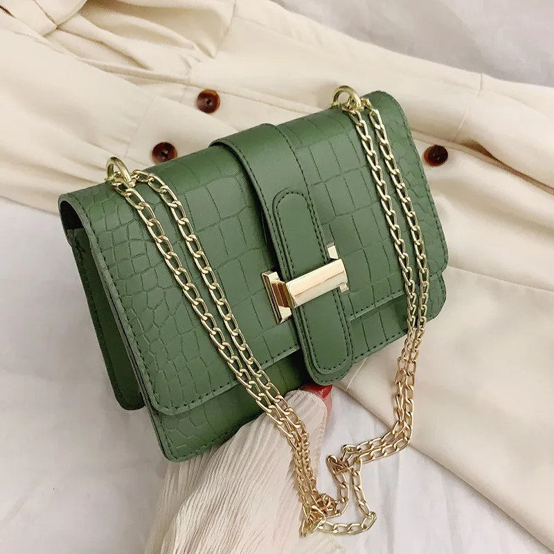 

New Fashion Small Handbags Chain Shoulder Wide Strap Pu Leather Crossbody Messenger Bags, Black khaki green white brown