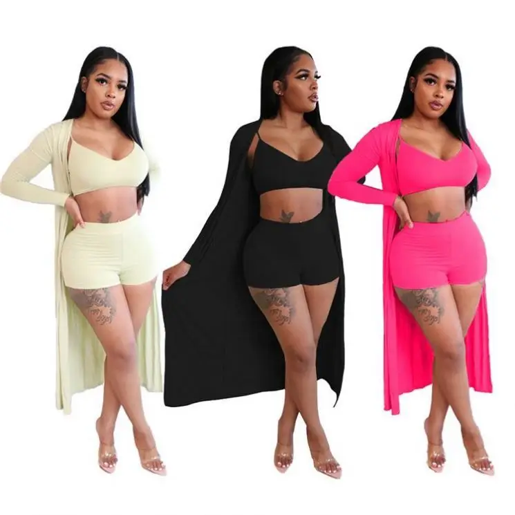 

New Trendy Products Womens Outfits Long Coat Casual Crop Top 3 Piece Short Set