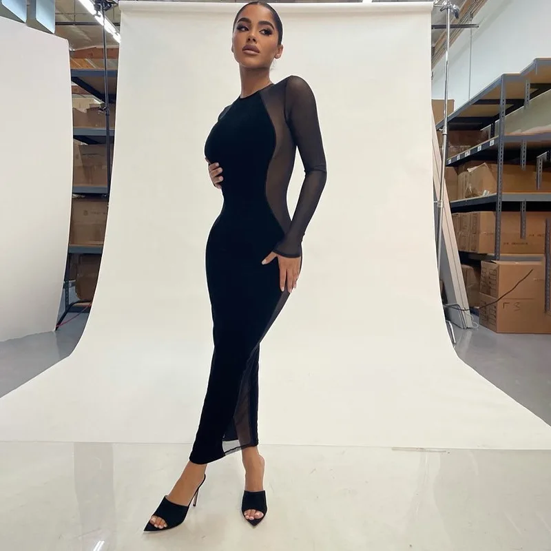 

SKOCLS Ey21DS69 women's nightclub fashion sexy mesh long sleeve slim plus size dress women dresses casual evening dress, Black