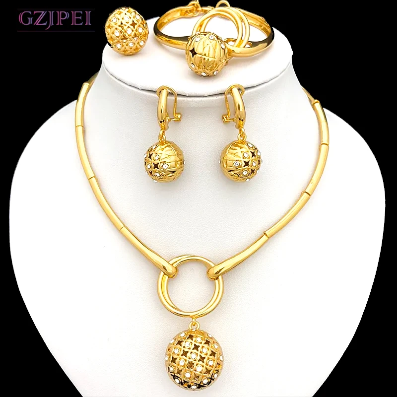 

2023 juepei new styles Jewelry Sets For Women Fashion Jewelry 24k Gold Plated Necklace Sets Openwork Bead Pendant