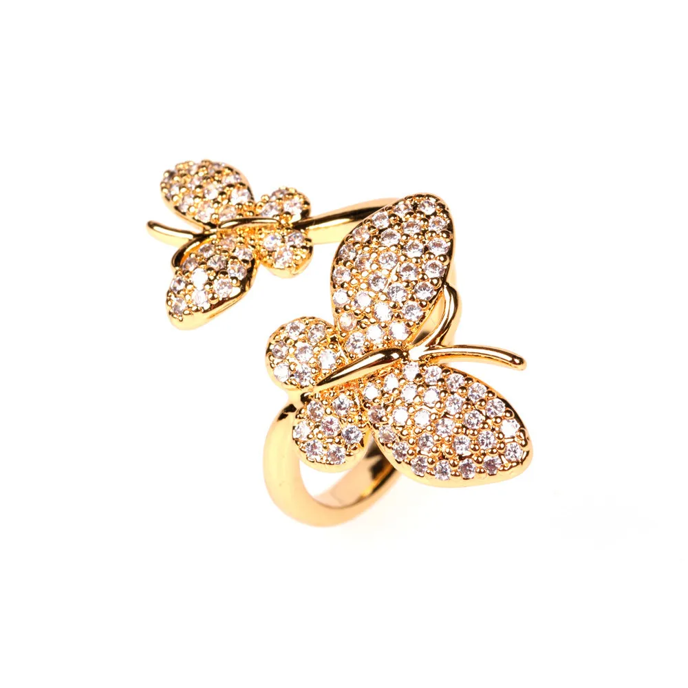 

Personality Micro Paved Full Zircon Double Butterfly Finger Rings 18K Gold Plated Shiny CZ Butterfly Opening Ring, As picture