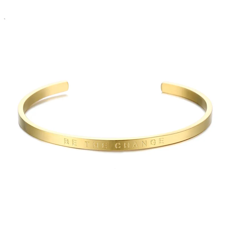 Customized Waterproof 18K Gold Plated Stainless Steel engraved BE THE CHANGE Bracelets Cuff Bangle  for Women