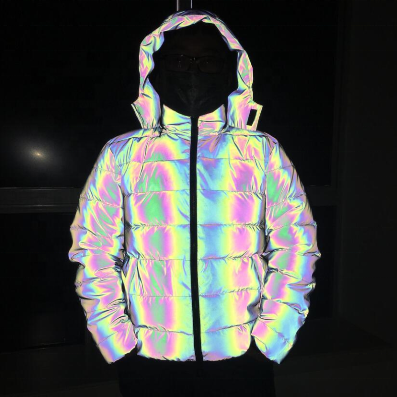 

night reflective rainbow color fashion trend noctilucent down puffer jacket with hood for men women winter glowing ski snow coat