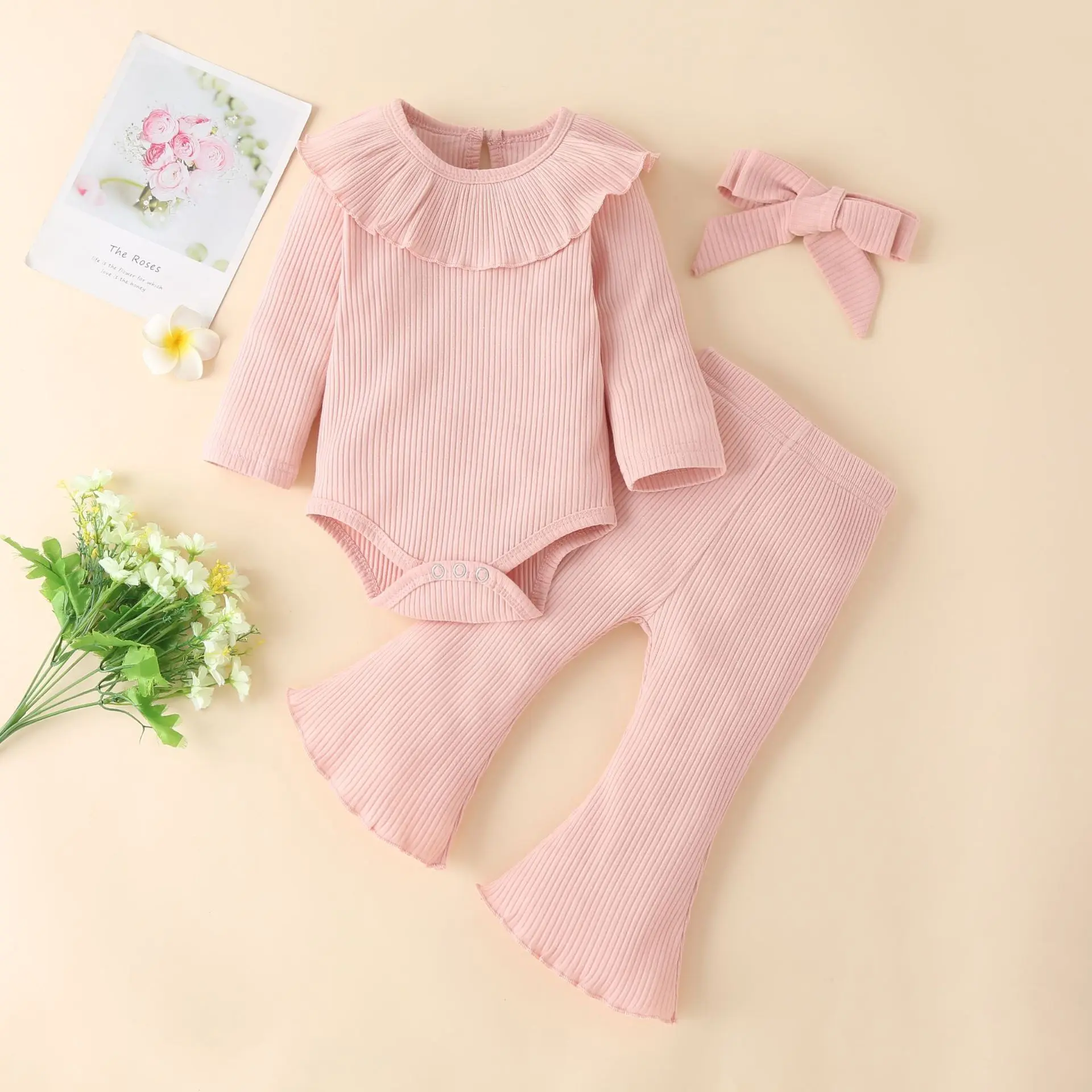 

2022 amazon hot sale spring autumn newborn baby girl bowknot long sleeved ruffled romper baby girl three piece set