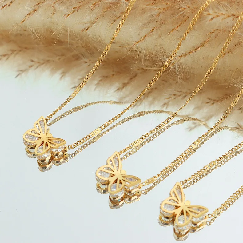 

Dainty Choker Jewelry 18K Gold Plated Stainless Steel Zircon Crystal Butterfly Pendant Necklace For Women