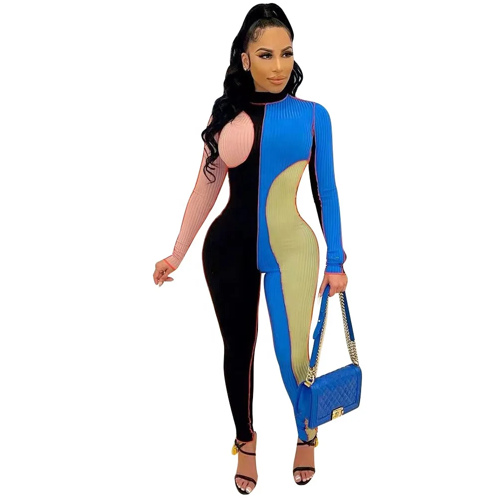 

High Waist Ribbed Material Contrast Color Skinny Streetwear Women Stretchy Joggers Ladies Long Sleeve One Piece Jumpsuits