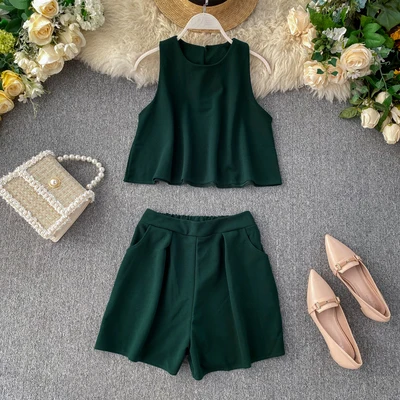 

2020 Korean fashion sexy solid sleeveless 4 colors women casual short suit sets two piece set women clothing