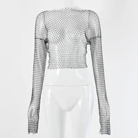 

B24105A Hot-selling Lady Mesh round neck blouse Diamond Women's Tops