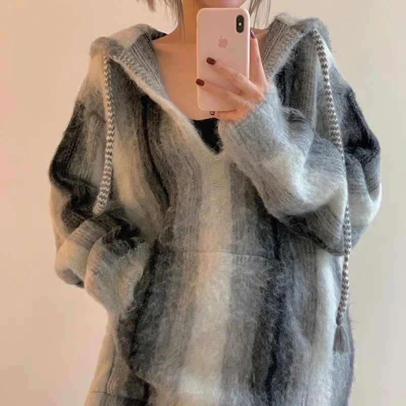

Maglione Donna Gradient Striped Pullover Woollen Woman Fuzzy Mohair Hooded Sweater With Front Pocket