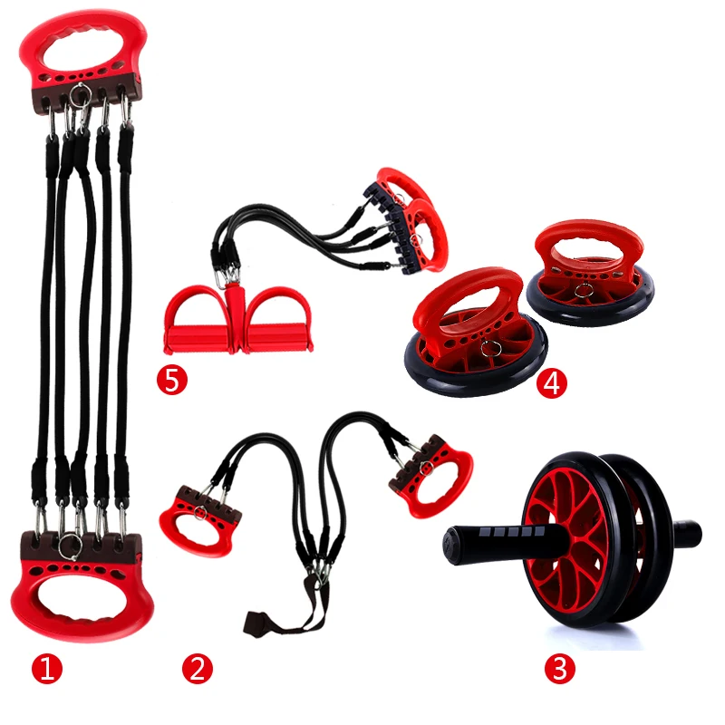 

Abdominal Core Engraving Machine Fitness Jump Rope Hand Gripper Push-up Bar Knee Pad 5-in-1 AB Wheel Roller Kit, Red/blue