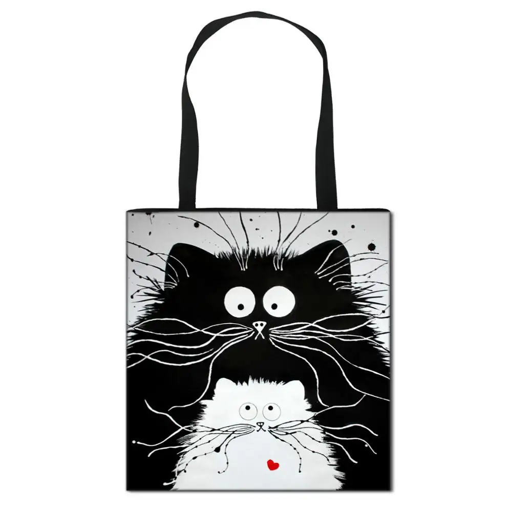 

Black White Cat Printed Women Tote Bag Cute Animal Foldable Shoulder Bag Lady Handbag Reusable Large Capacity Shopping Bags, Customizable
