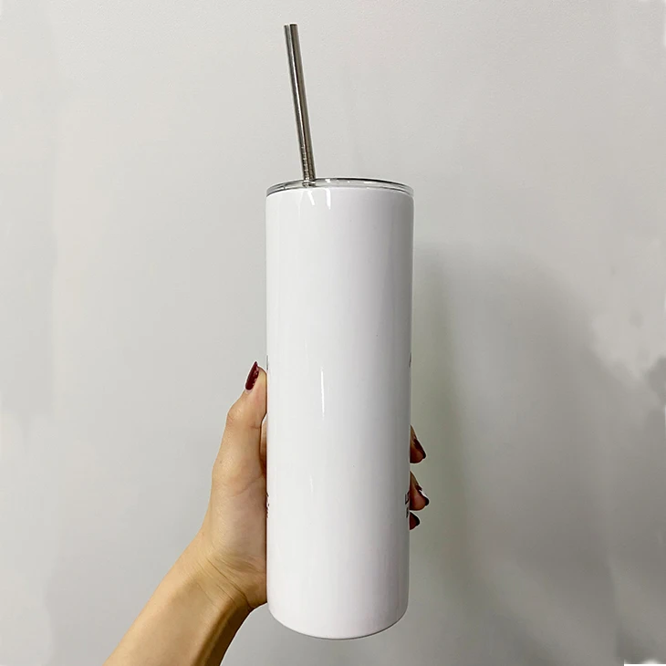 

Ready To Ship 20oz Sublimation Blanks Straight Skinny Tumbler Stainless Steel Double Wall Water Mugs With Metal Straw And Rubber, White