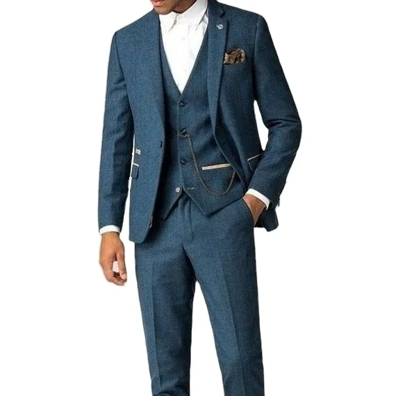 

Men tweed navy blue 3 Suits Piece Wedding Suit Groom Wear