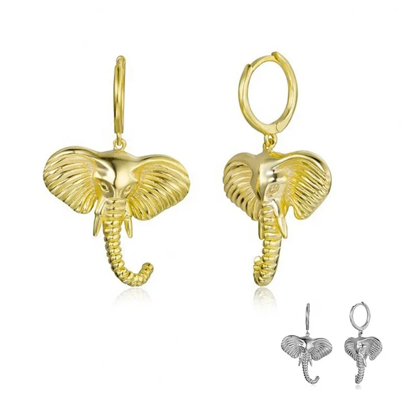 

High quality 925 sterling silver needle 18K real gold plated cute exaggerate elephant hoop earrings for women jewelry, Gold/silver
