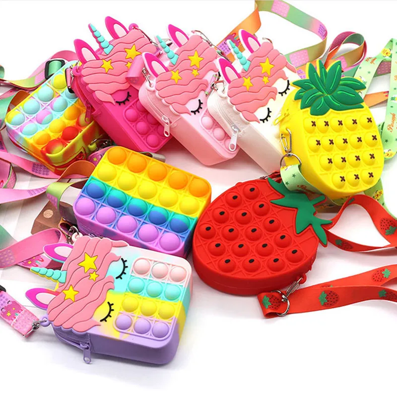 

New Fashion Gift Cartoon Girls Silicone Cute Small Purse With Chain Pop It Purse Bag For Kids, Colorful
