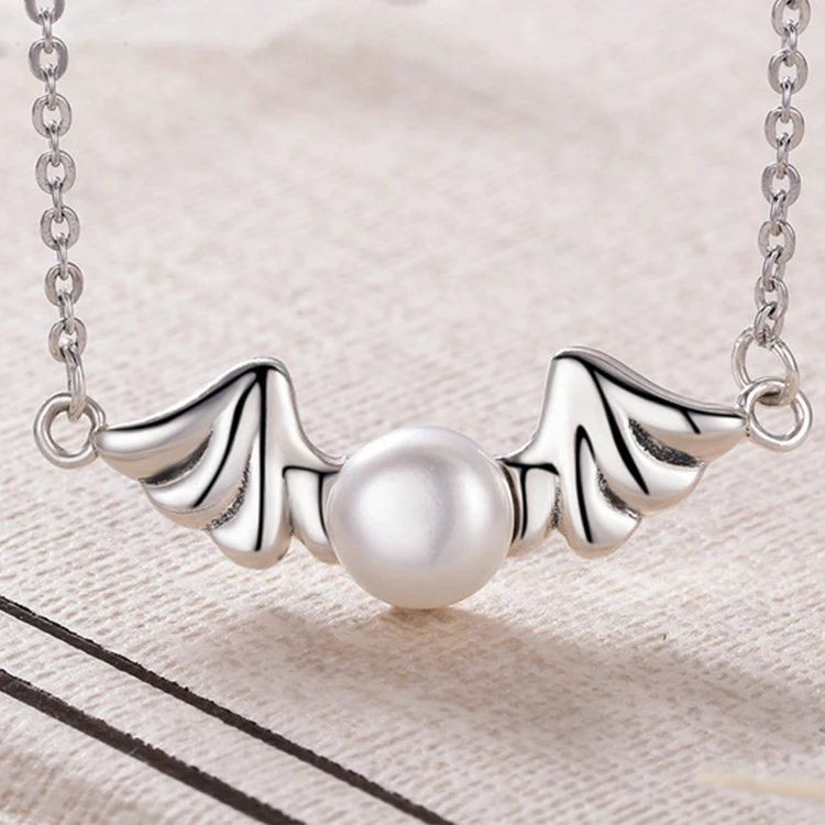 

Shiny Jewlery Pearl Angel Pendant 925 Sterling Silver Minimalist Choker Necklace