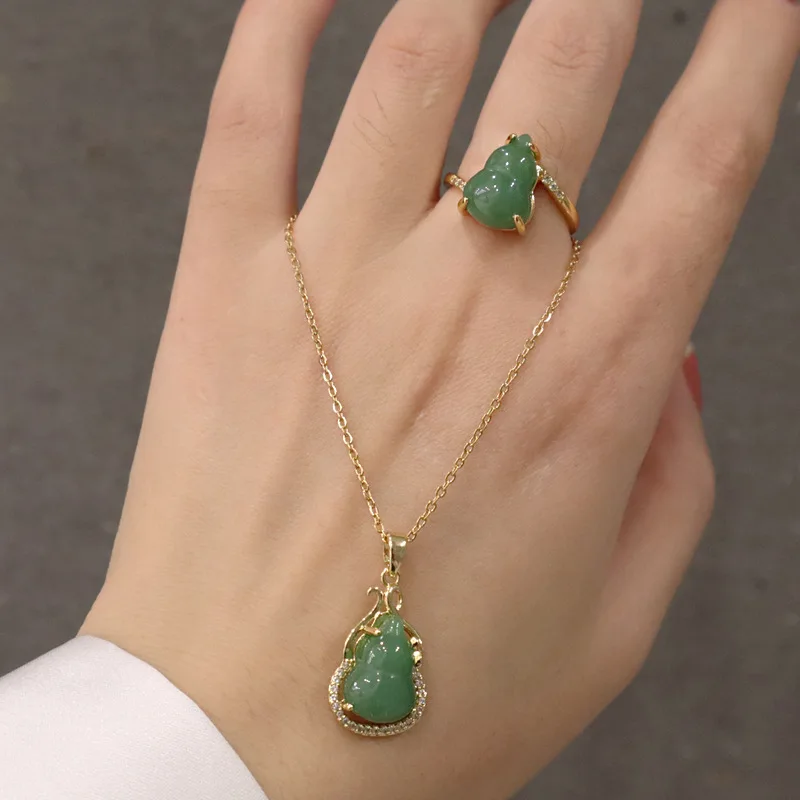 

Lucky Jewelry Stainless Steel Chain Natural Emerald Jade Necklace Iced Out Cz Jade Stone Gourd Pendant Necklace Ring Set, As picture