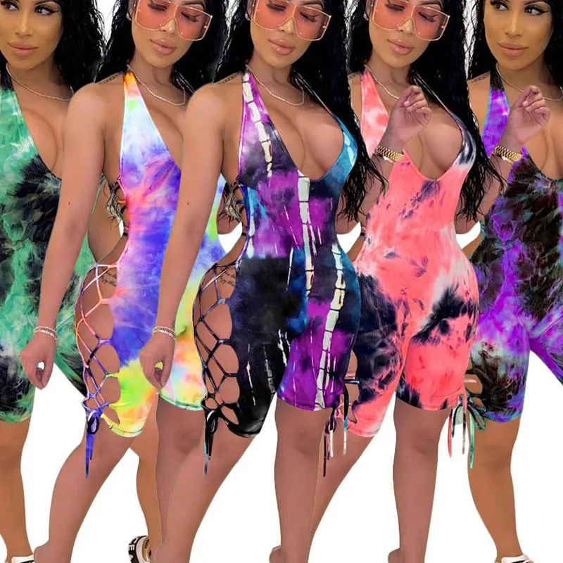 

Women Playsuits Sexy Tie-dye Print V-Neck Hollow Out Romper Street Night Club Party Jumpsuits One Piece Outfits Bodysuit