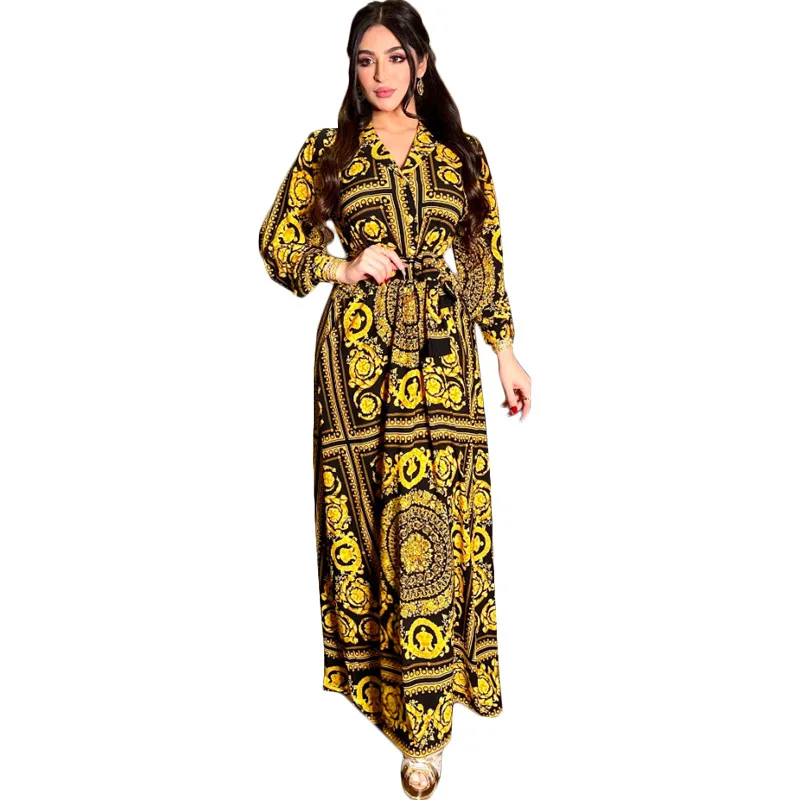 

GH-S1747 Golden Printed African Abaya Muslim Dresses Islamic Clothing Kaftan Caftan Gown Jalaba For Women