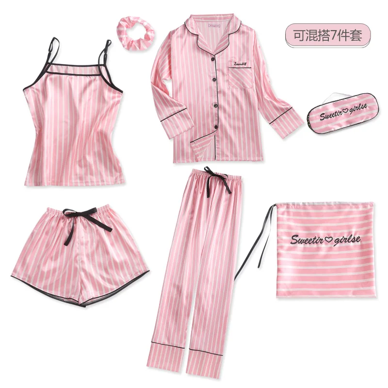 

Ice silk pajamas women spring and autumn long-sleeved seven-piece suit suspenders shorts summer sexy sweet home service