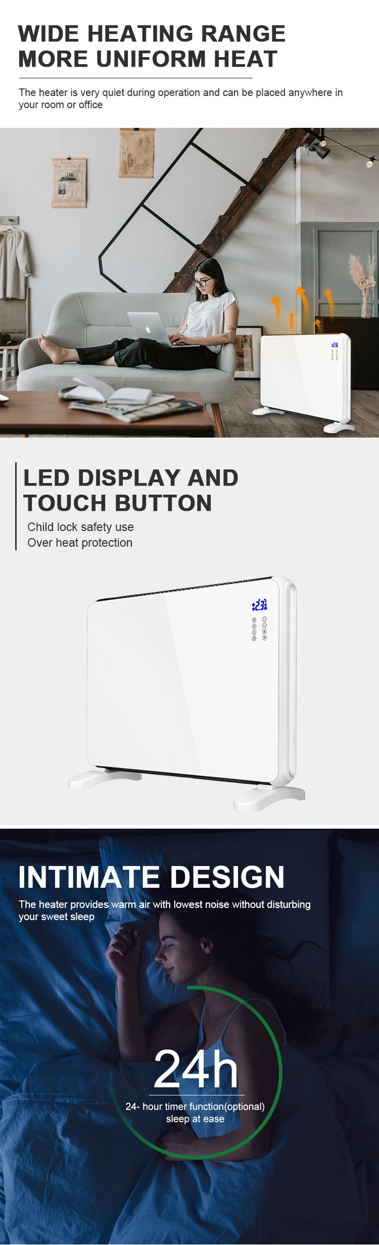 High Quality Household Freestanding Wall Mounted Convector Electric Heater Glass Panel Heater 2000w