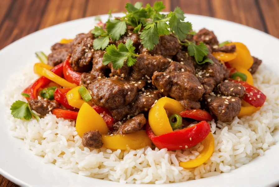 Pepper steak served over fluffy white rice with colorful bell peppers and garnished with sesame seeds