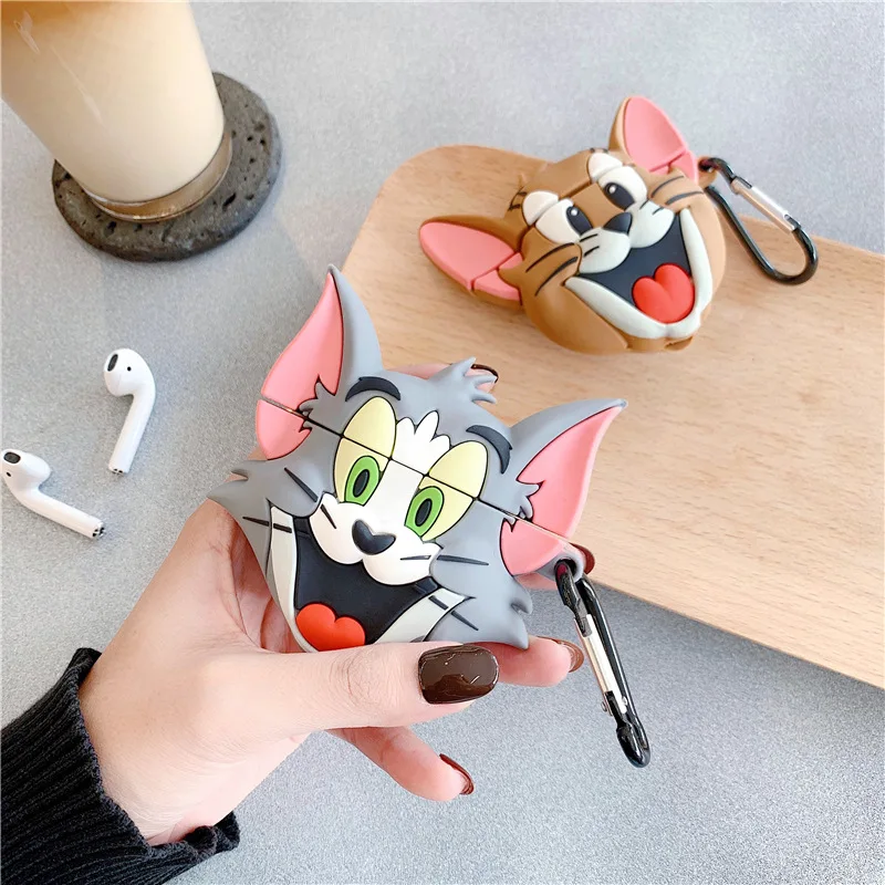 

Hot Sale 3D Cute Cat&Mouse Design Earphone Case with Keychain for Airpod Pro Cartoon Character Style Soft Cover for Airpod 1/2, As pictures show