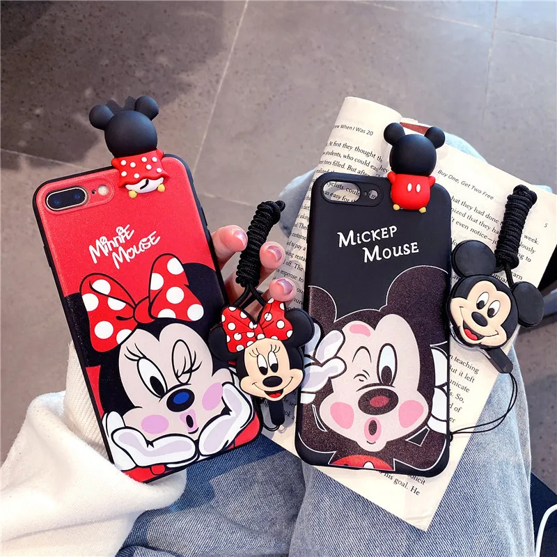 

free shipping minnie mickey mouse lanyard Doll kickstand Case For iphone 12 Mini 12promax 11 XS X silicone Cover, Colorful